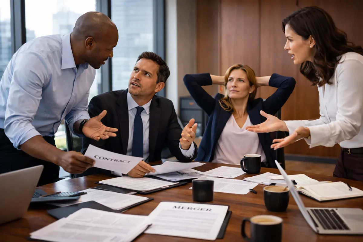 Business owners debating acquisition contract terms and reviewing marked up transaction documents.