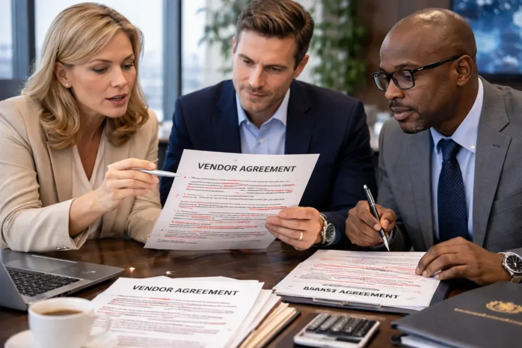 Business professionals negotiating vendor agreement and reviewing redlined commercial contract.